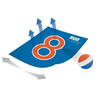 Una representación gráfica de una camiseta deportiva azul con elementos naranjas y la palabra 'RUN', diseñada para ropa de carrera dinámica.