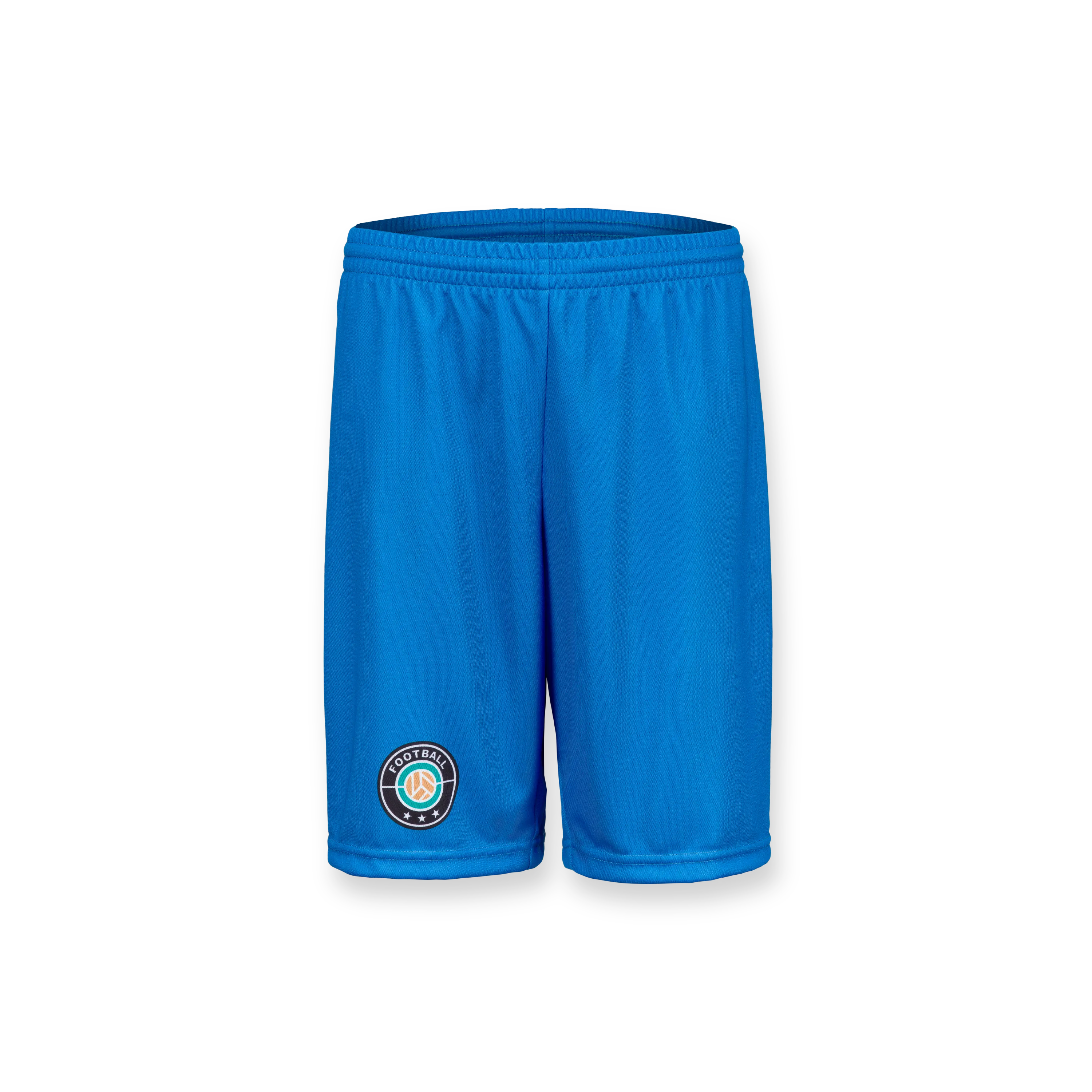 Pantalones cortos deportivos azules con una cinturilla elástica y un logo redondo en el lado izquierdo.