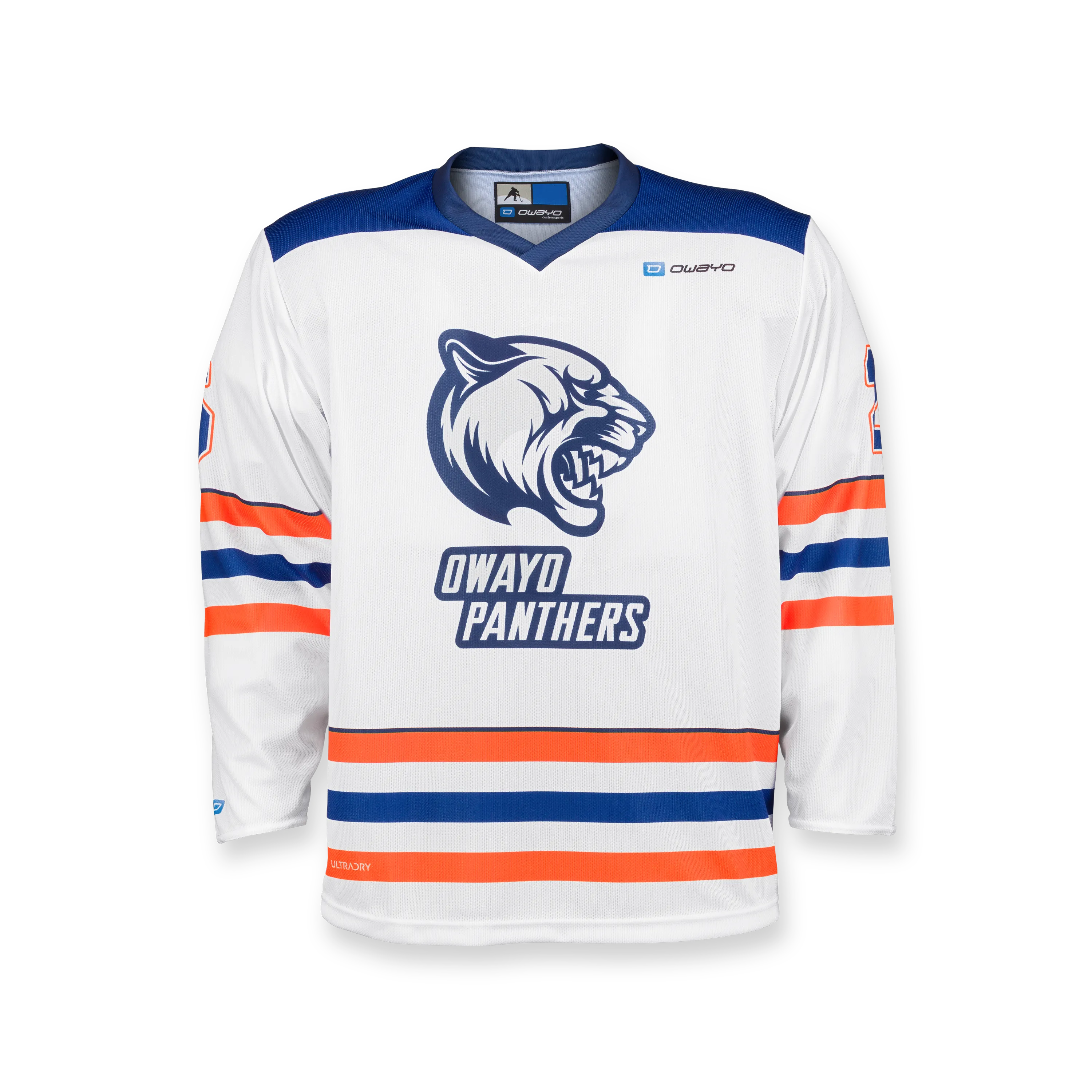 Una camiseta de hockey blanca con rayas azules y naranjas que presenta la impresión 'PANthers' y un logo de cabeza de pantera en la parte delantera.
