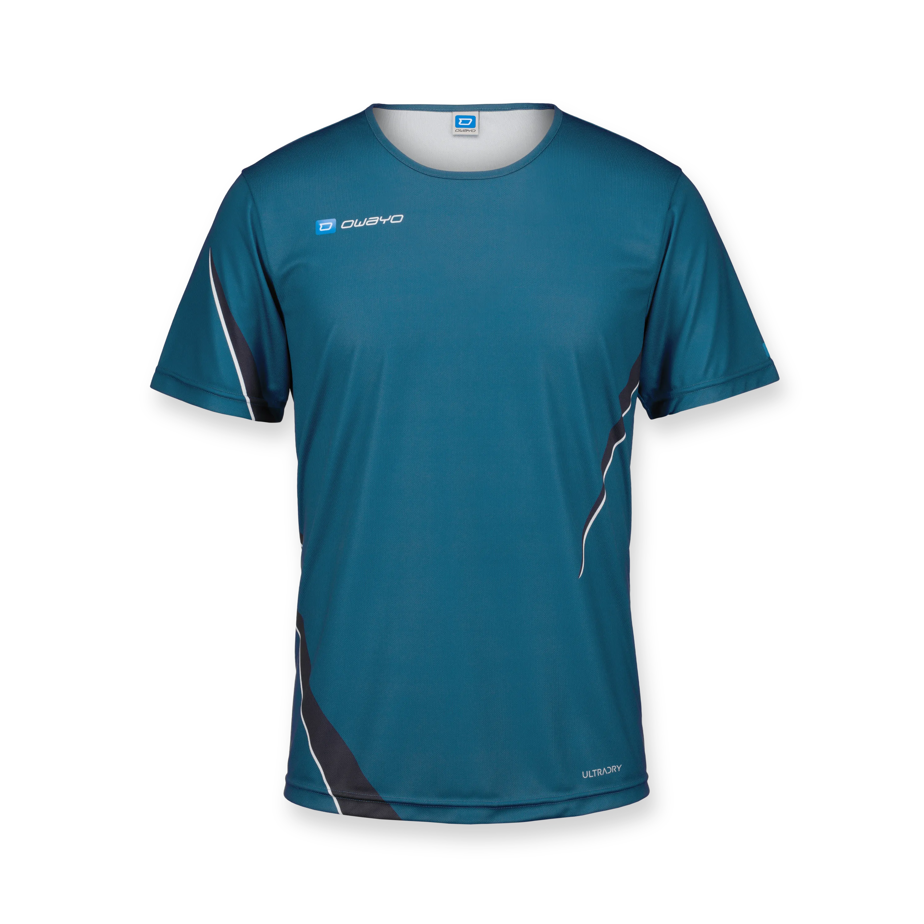 Una camiseta deportiva corta, azul con acentos blancos y negros, ideal para actividades atléticas.