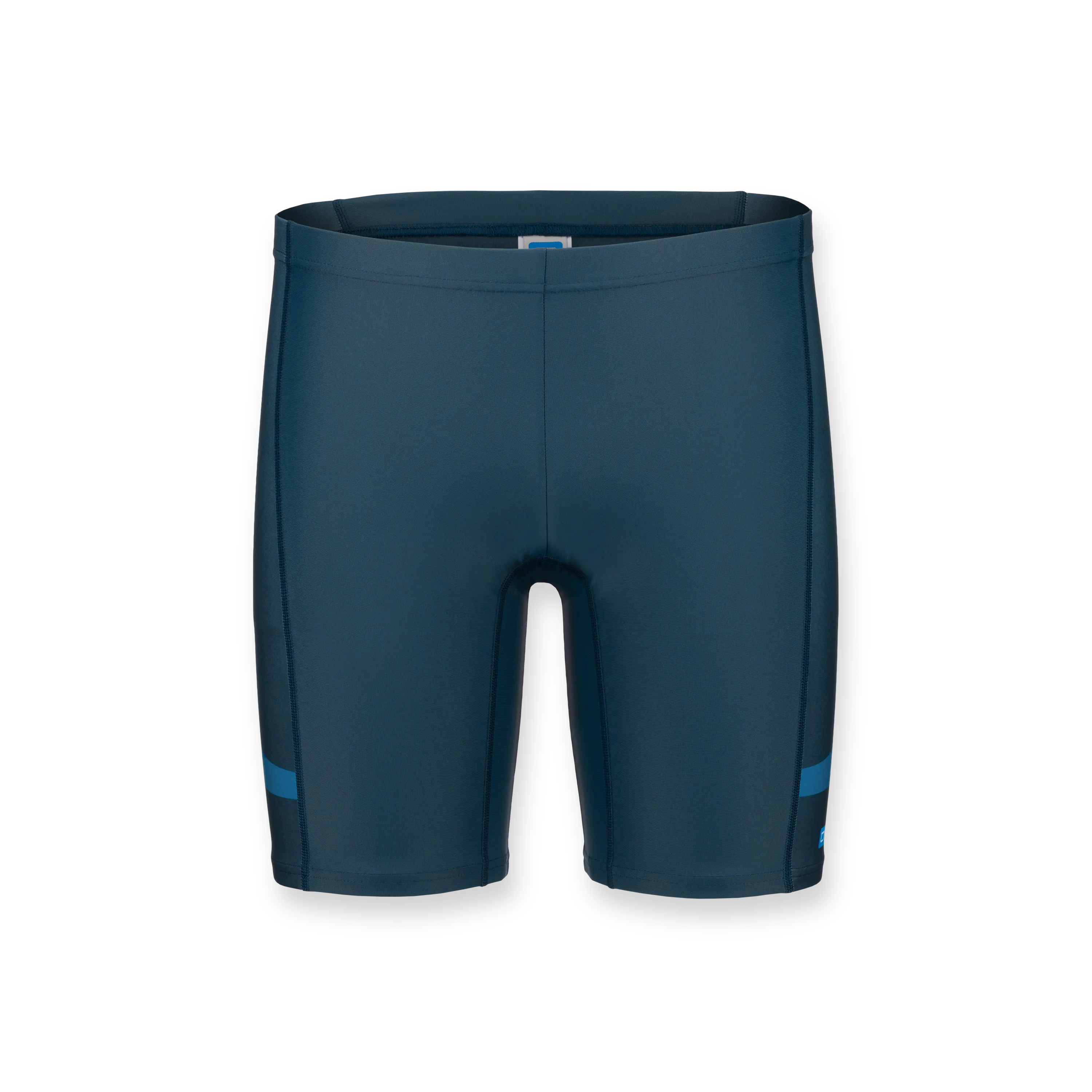 Shorts deportivos ajustados de color azul oscuro con acentos azules a los lados.
