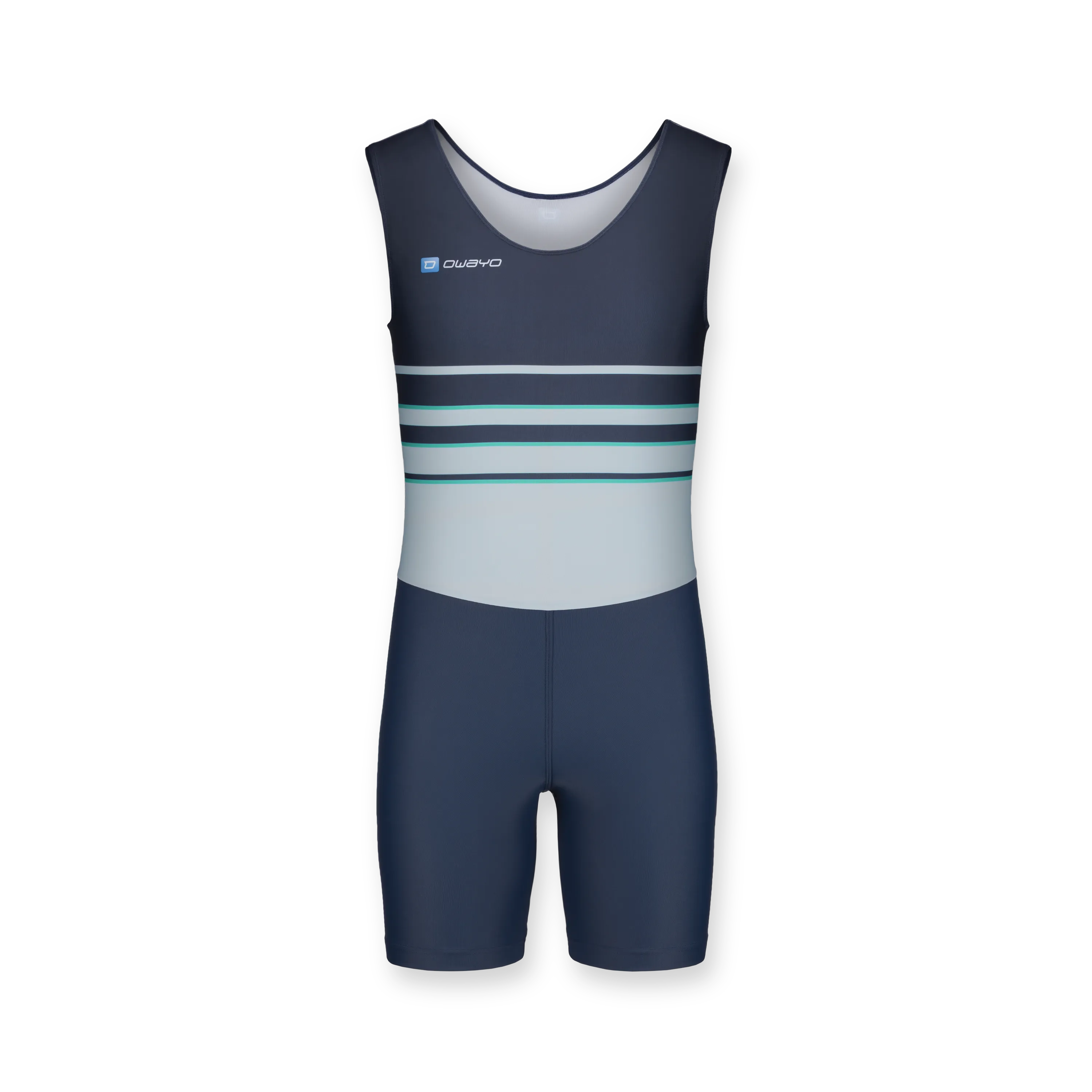 Un traje deportivo sin mangas en azul marino con rayas horizontales en azul claro y verde en la parte superior.