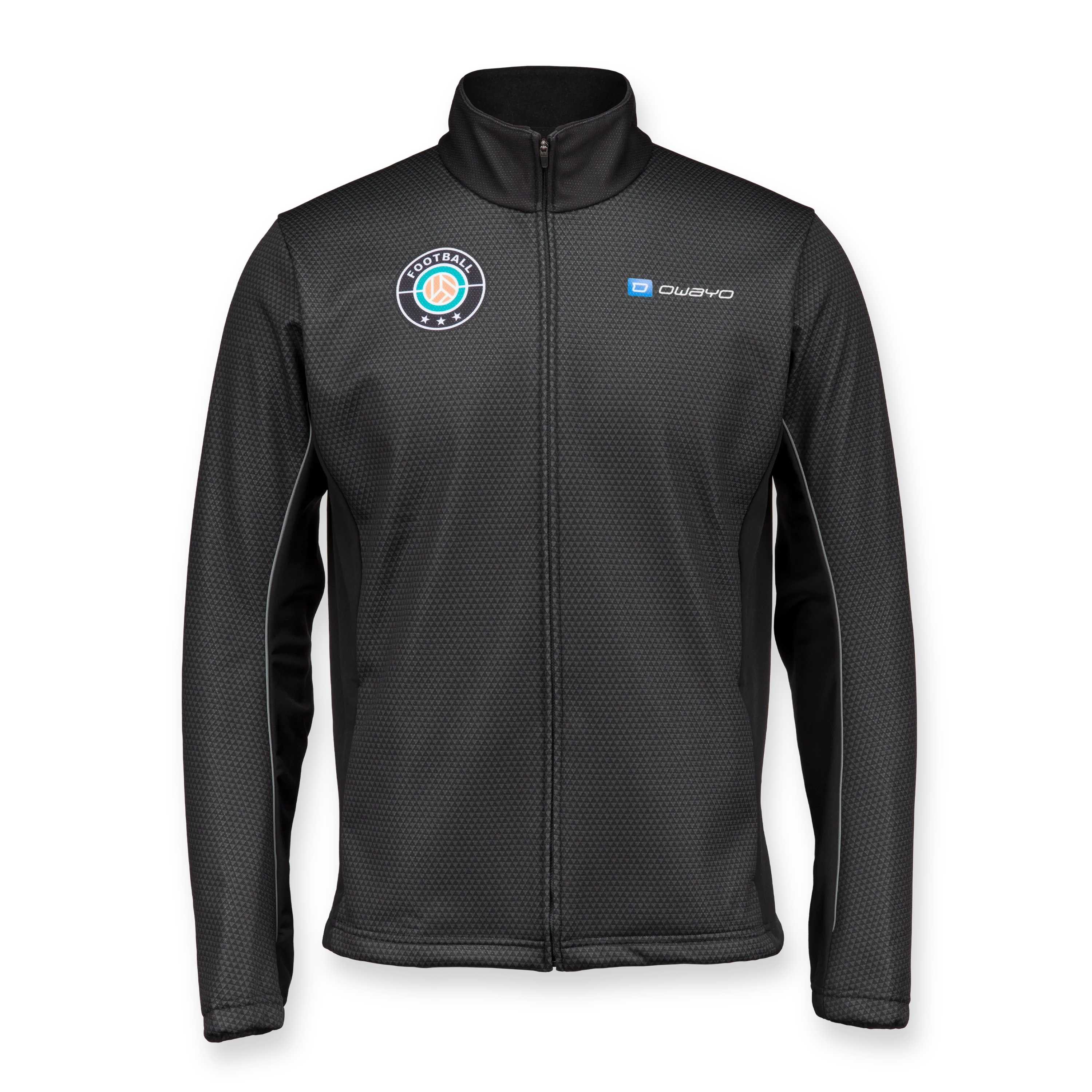 Una chaqueta deportiva negra con cremallera, cuello alto y un patrón texturizado, perfecta para el entrenamiento de fútbol.