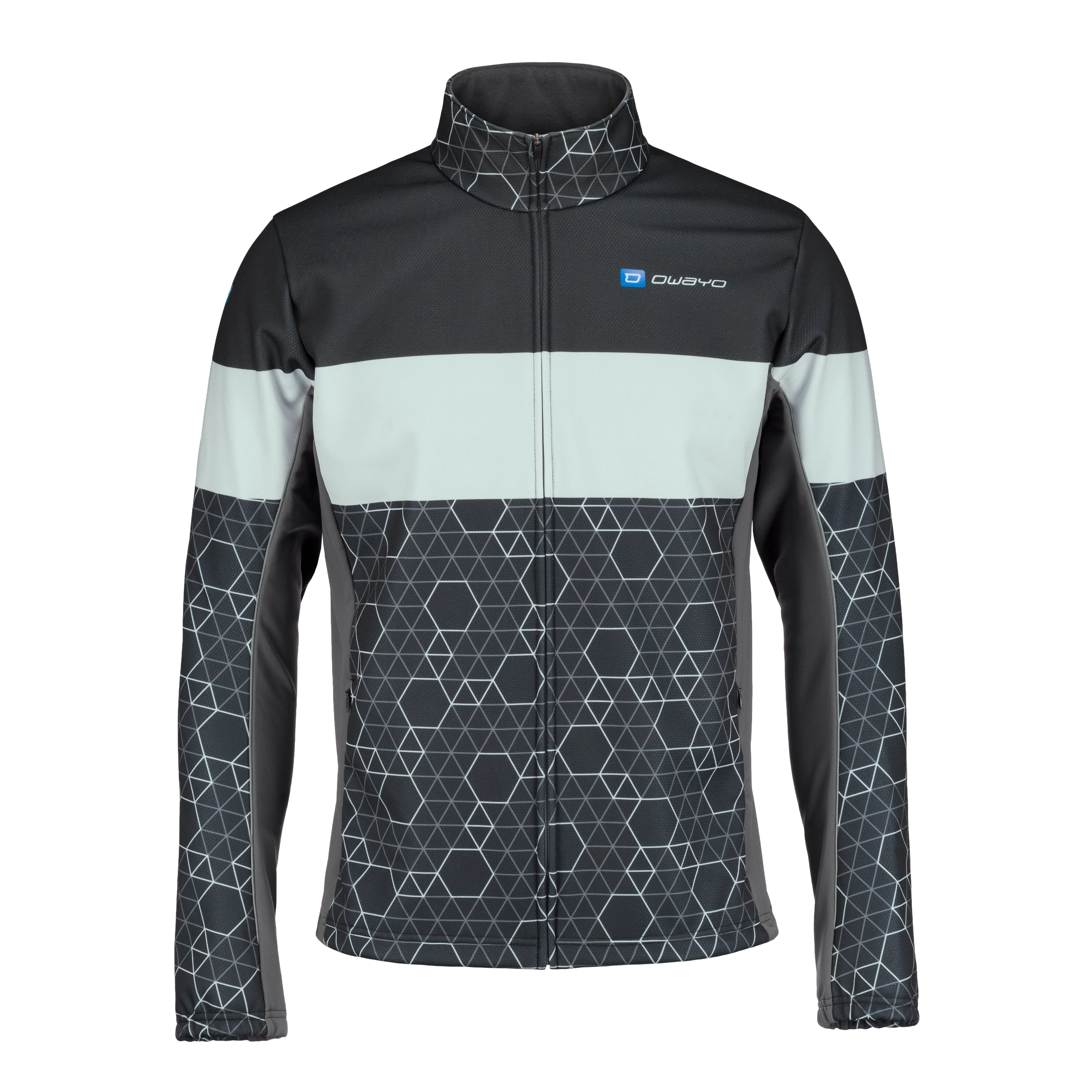 Una chaqueta deportiva en negro y gris con un patrón geométrico y cuello alto.