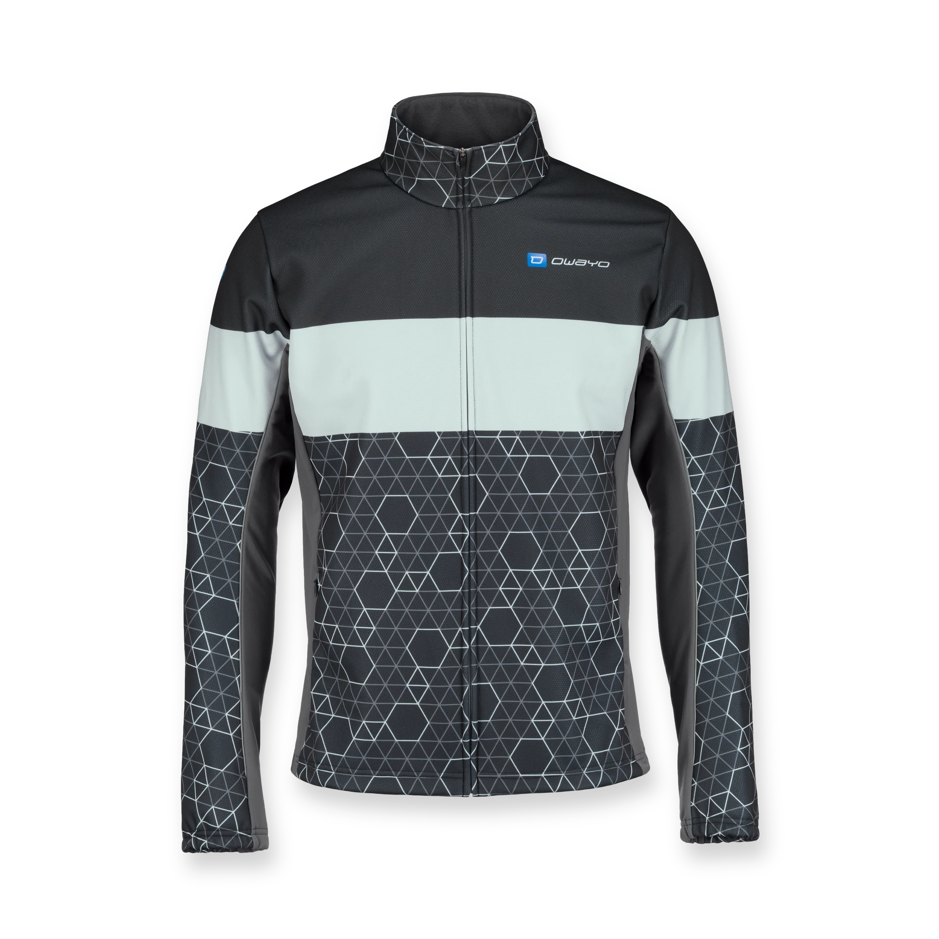 Chaqueta deportiva negra con diseño geométrico y cuello alto.