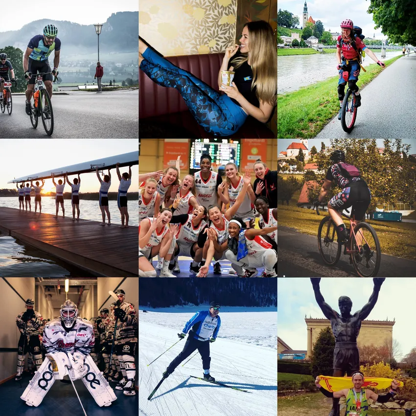 Una collage de nueve imágenes muestra a varias personas en diferentes deportes, incluyendo ciclismo, baloncesto, esquí de fondo y ciclismo de montaña, usando ropa deportiva personalizada de owayo.