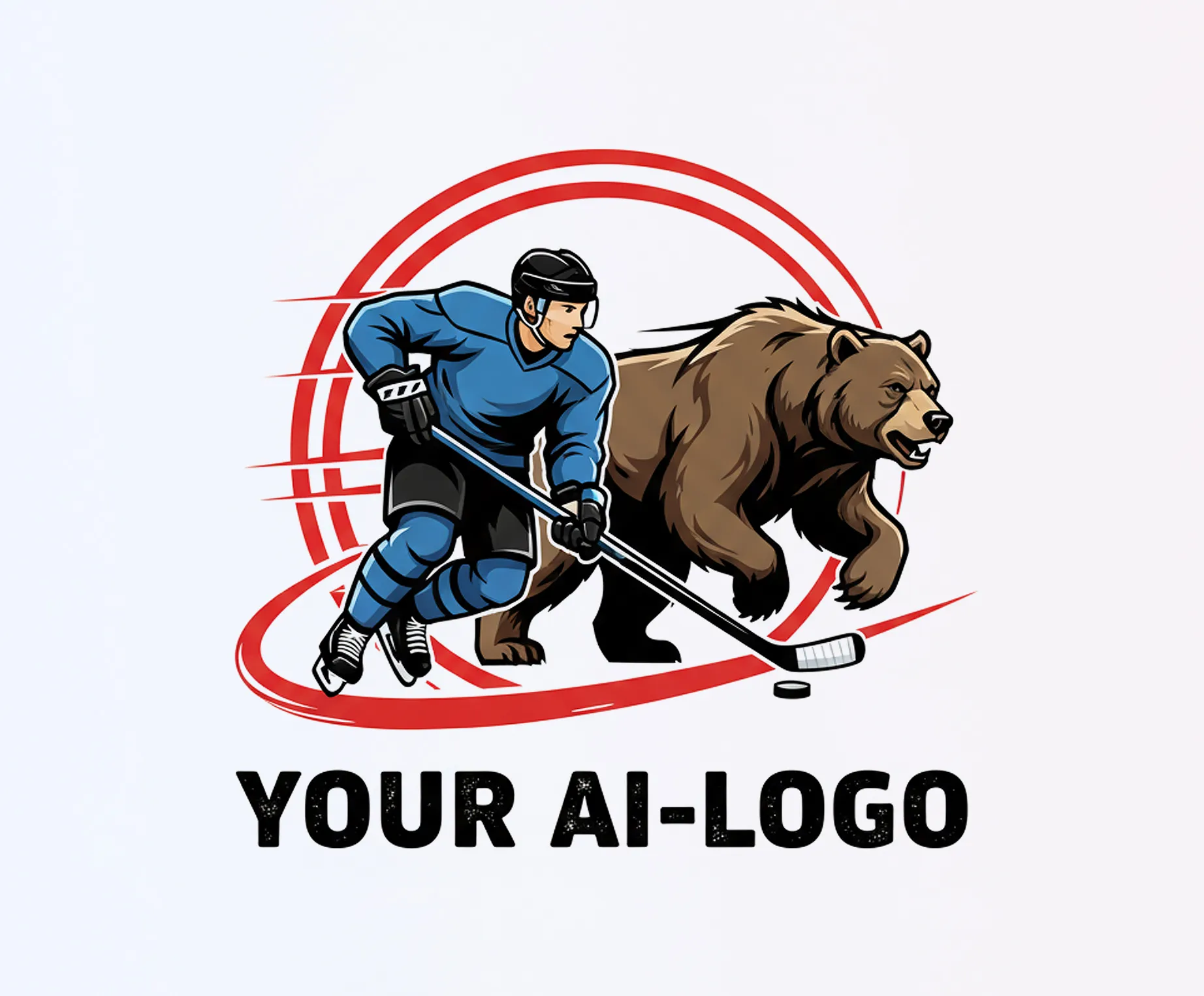 Un jugador de hockey con camiseta azul patina con un palo al lado de un oso.