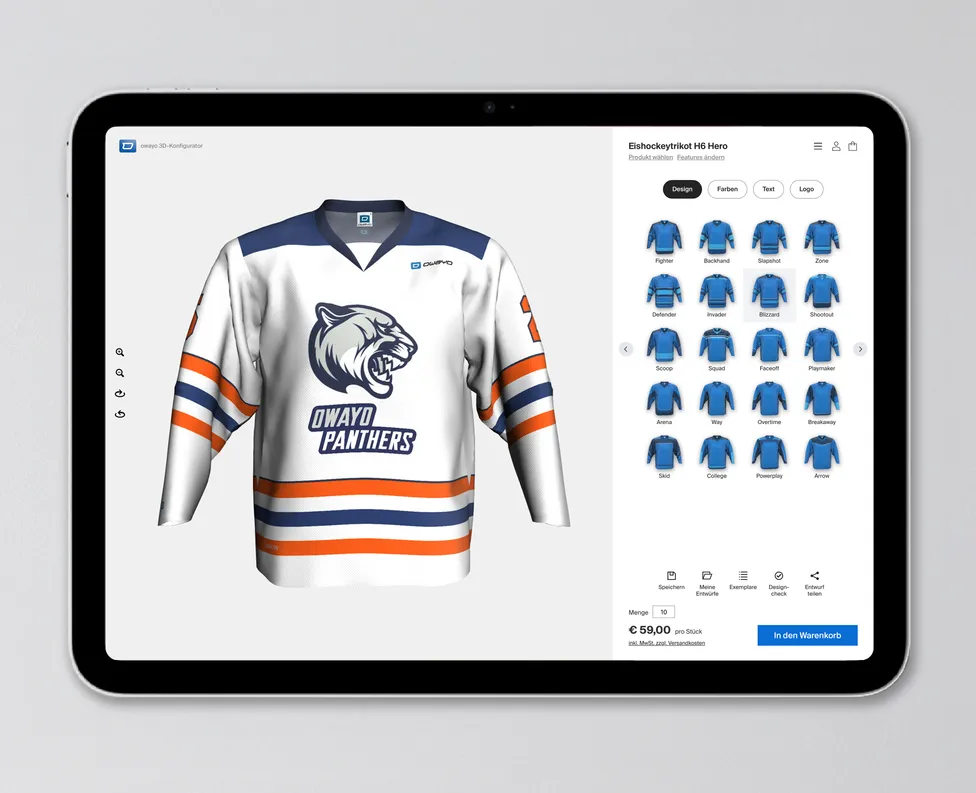 Una tableta muestra el configurador 3D de owayo con un jersey de hockey blanco con detalles azules y naranjas y un logo de pantera.