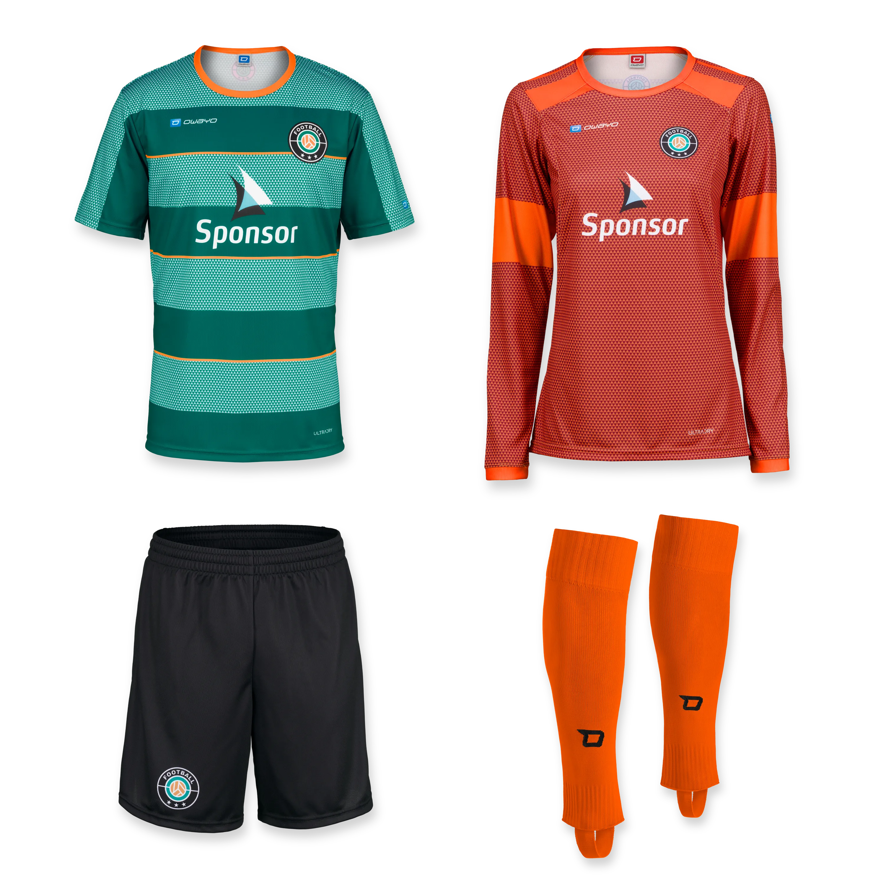 Un conjunto de dos camisetas de fútbol, un par de pantalones cortos negros y un par de calcetas naranjas, todo en varias combinaciones de colores.