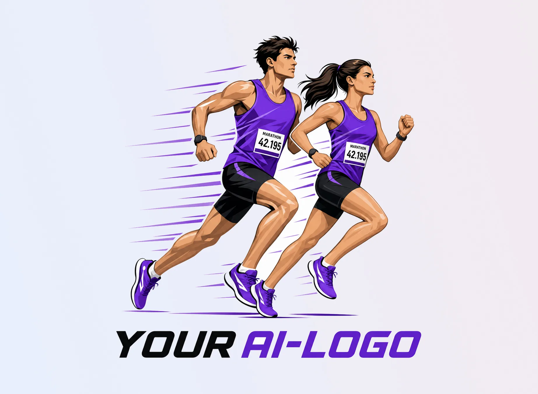 Dos corredores estilizados con camisetas moradas corriendo de manera dinámica, con un número de competición en el pecho.