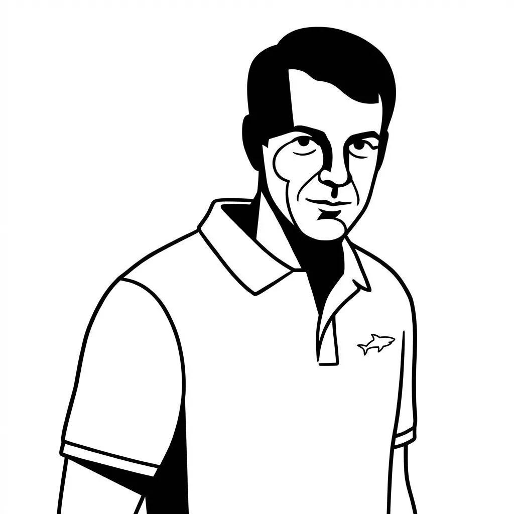 Un dibujo en blanco y negro de un hombre con una camisa polo con un logo de tiburón en el pecho.