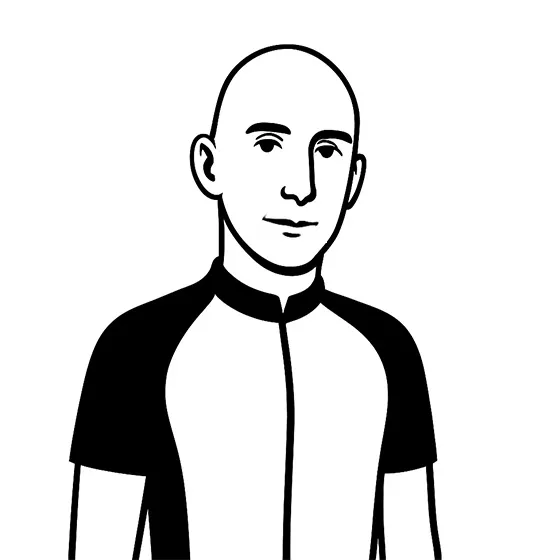 Un dibujo en blanco y negro de un hombre con una camiseta deportiva con mangas negras y parte del cuerpo blanca.