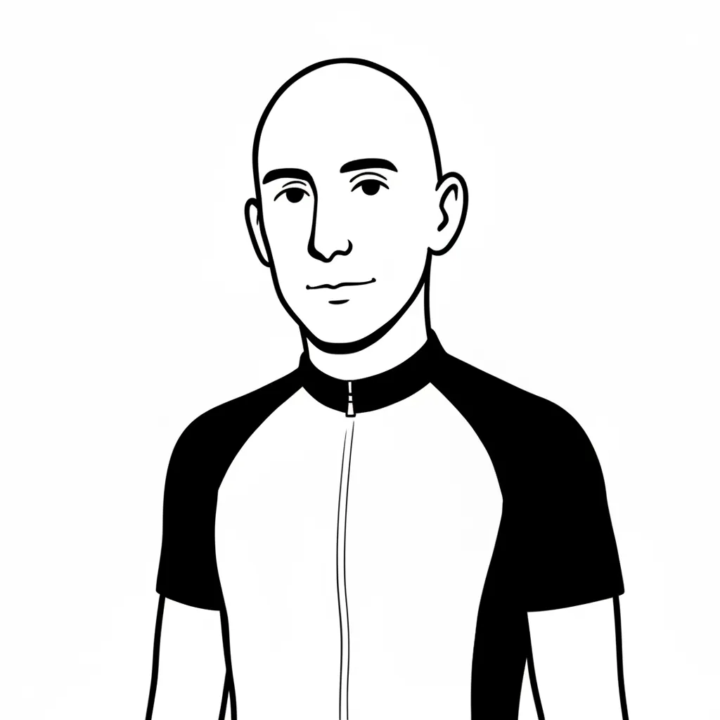 Un dibujo en blanco y negro de un hombre con una prenda deportiva bicolor con cremallera.