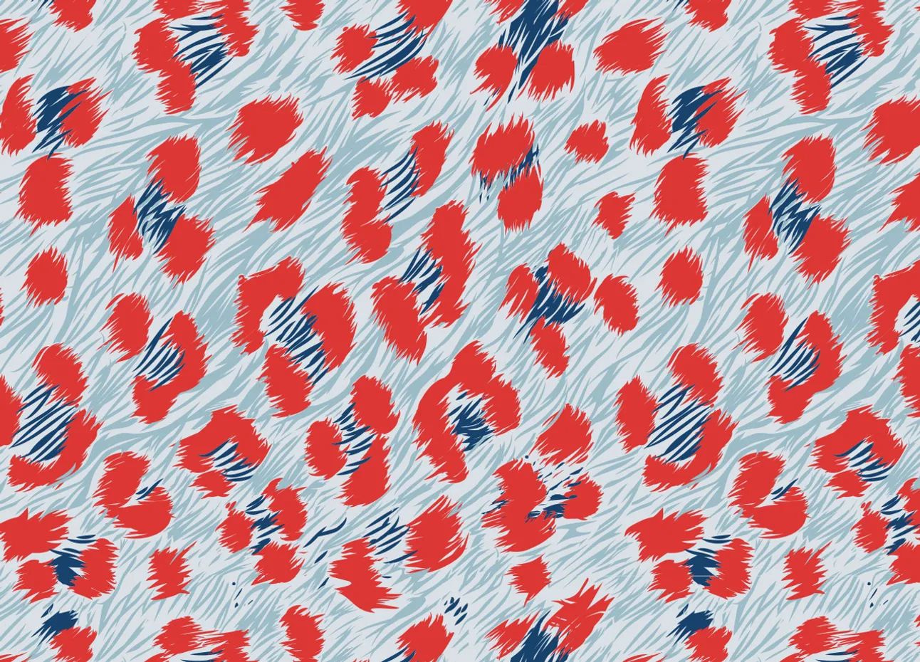 Un patrón abstracto con manchas rojas y azules sobre un fondo azul claro con textura de rayas.
