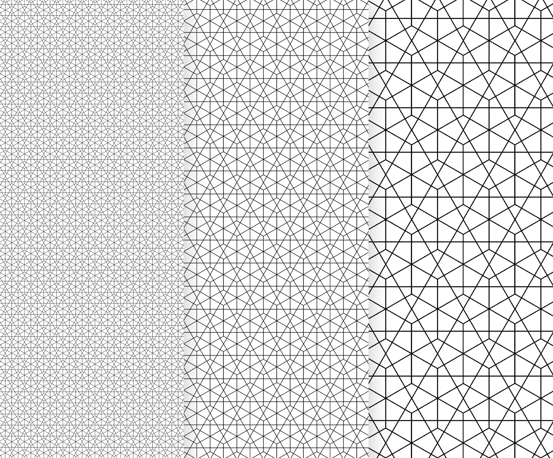 Tres paneles verticales que muestran diferentes diseños de patrones geométricos en blanco y negro, adecuados para ropa deportiva personalizada.