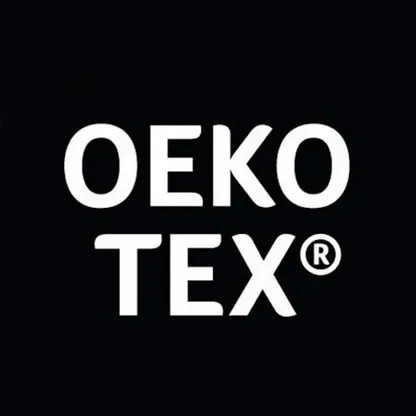 La imagen muestra el logotipo OEKO-TEX® en letras blancas sobre fondo negro.