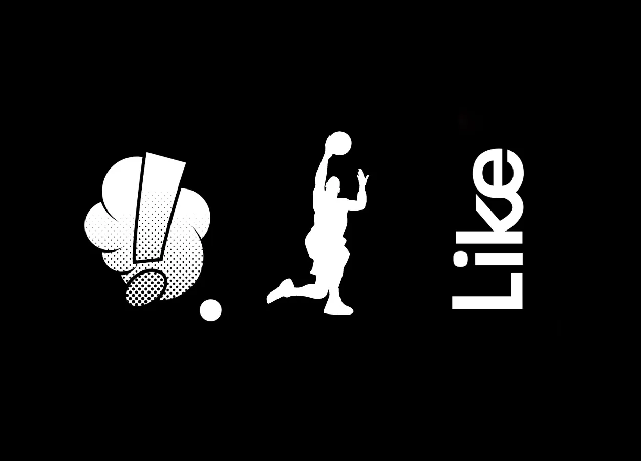 Gráfica blanca sobre fondo negro que muestra un símbolo de burbuja de diálogo de cómic, una silueta de un jugador de baloncesto y la palabra 'Like'.