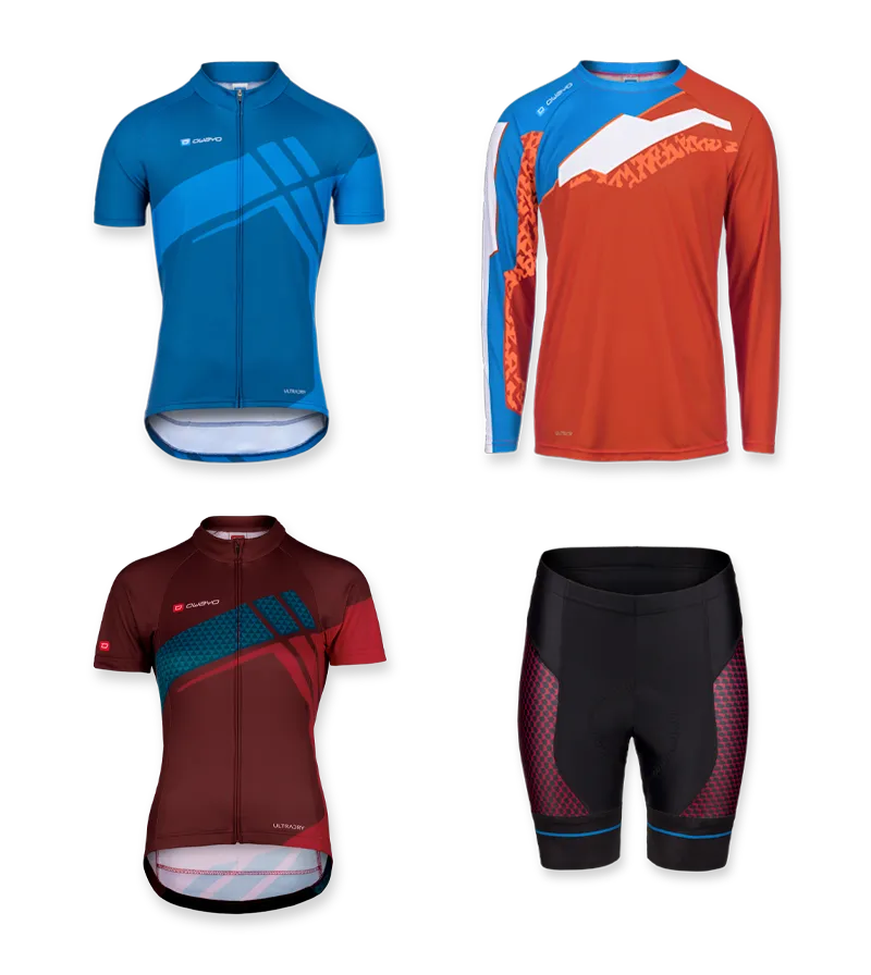 Vista general de cuatro diferentes maillots de ciclismo y un pantalón corto de ciclismo de owayo, incluyendo un maillot azul de manga corta, un maillot naranja de manga larga, un maillot rojo oscuro de manga corta y un pantalón corto de ciclismo negro con detalles rojos y azules.