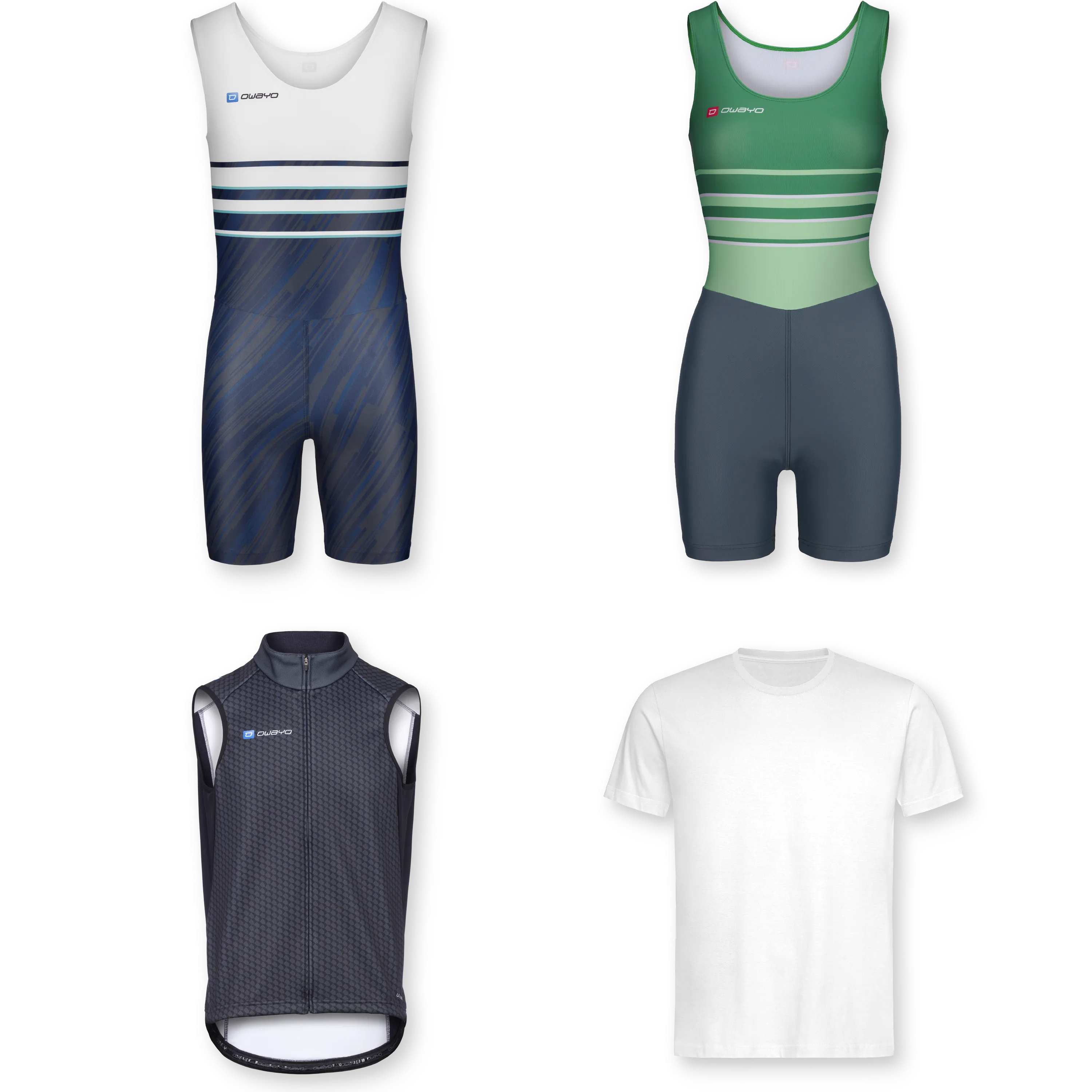 Todos los productos Varios artículos de ropa deportiva para remo, incluidos trajes de una pieza y una camiseta.