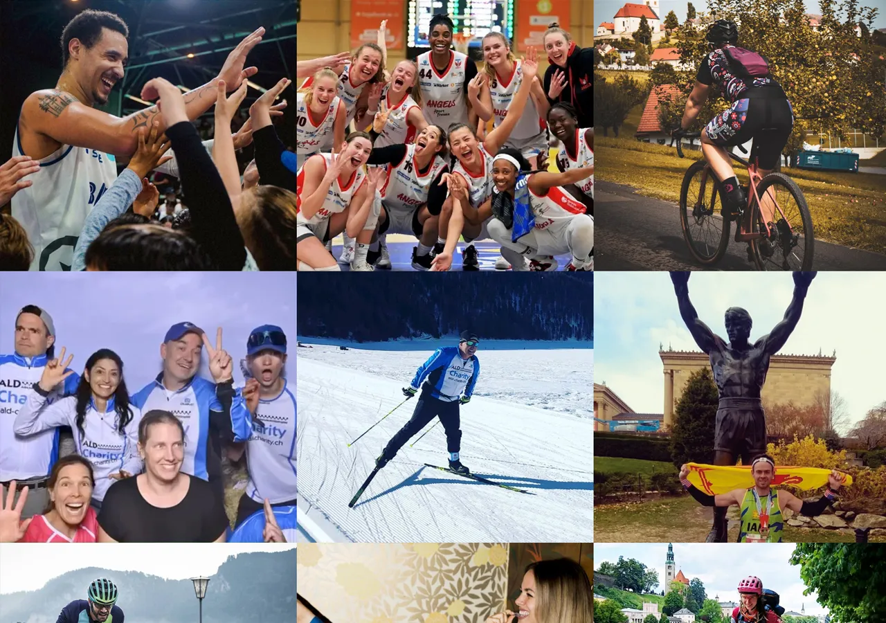 Collage de nueve fotos que muestran varios atletas y equipos en acción, incluyendo jugadores de baloncesto, jugadoras de baloncesto, ciclistas, esquiadores de fondo, un grupo en un evento benéfico y una persona con una medalla frente a una estatua.